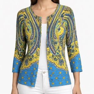 Isaac Mizrahi Blue Yellow Paisley Sweater Cardigan Womens XL 3/4 Sleeve